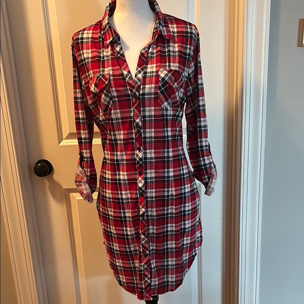 White Mark Red Plaid Long Sleeve Dress large